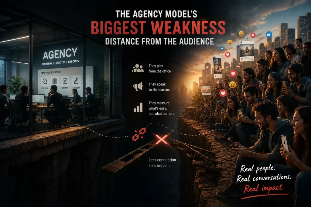 Future of Marketing graphic comparing personal branding and traditional agencies with a clean split layout.