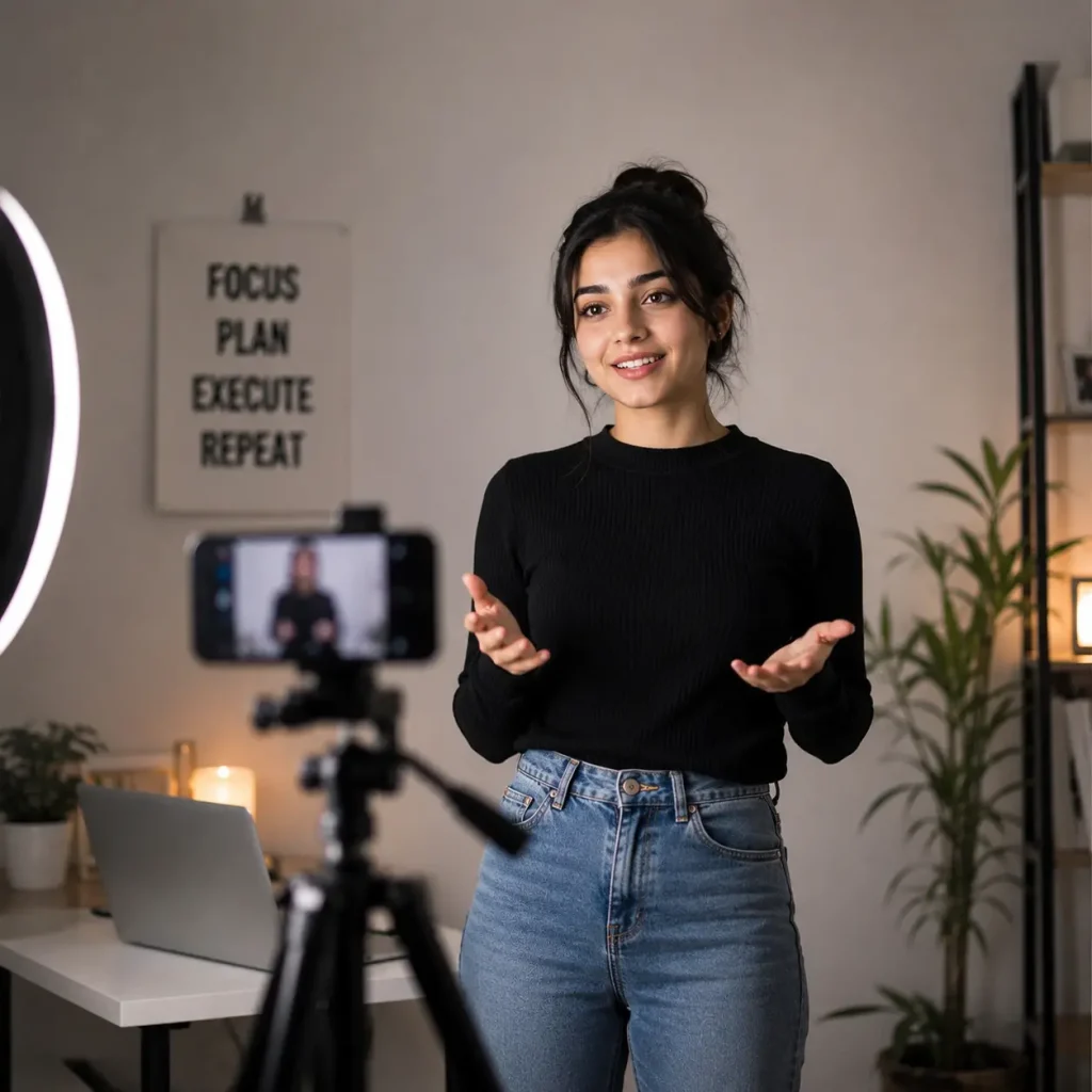 Future of Marketing image of a young entrepreneur creating content with a camera, ring light, and home office setup.
