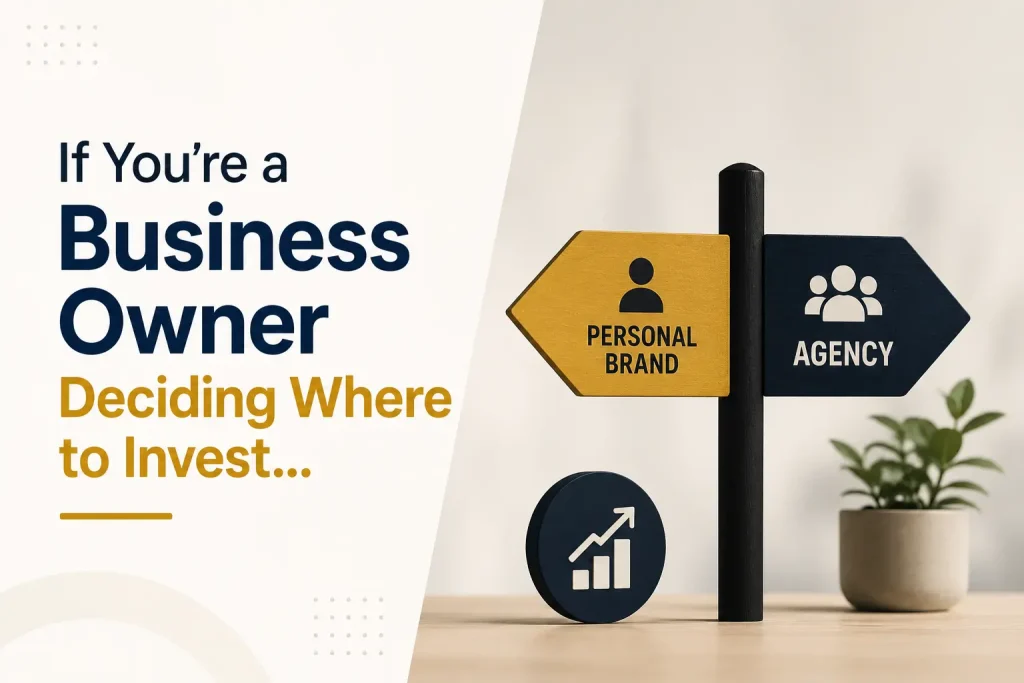 Future of Marketing illustration helping business owners decide whether to invest in personal branding or a digital marketing agency.